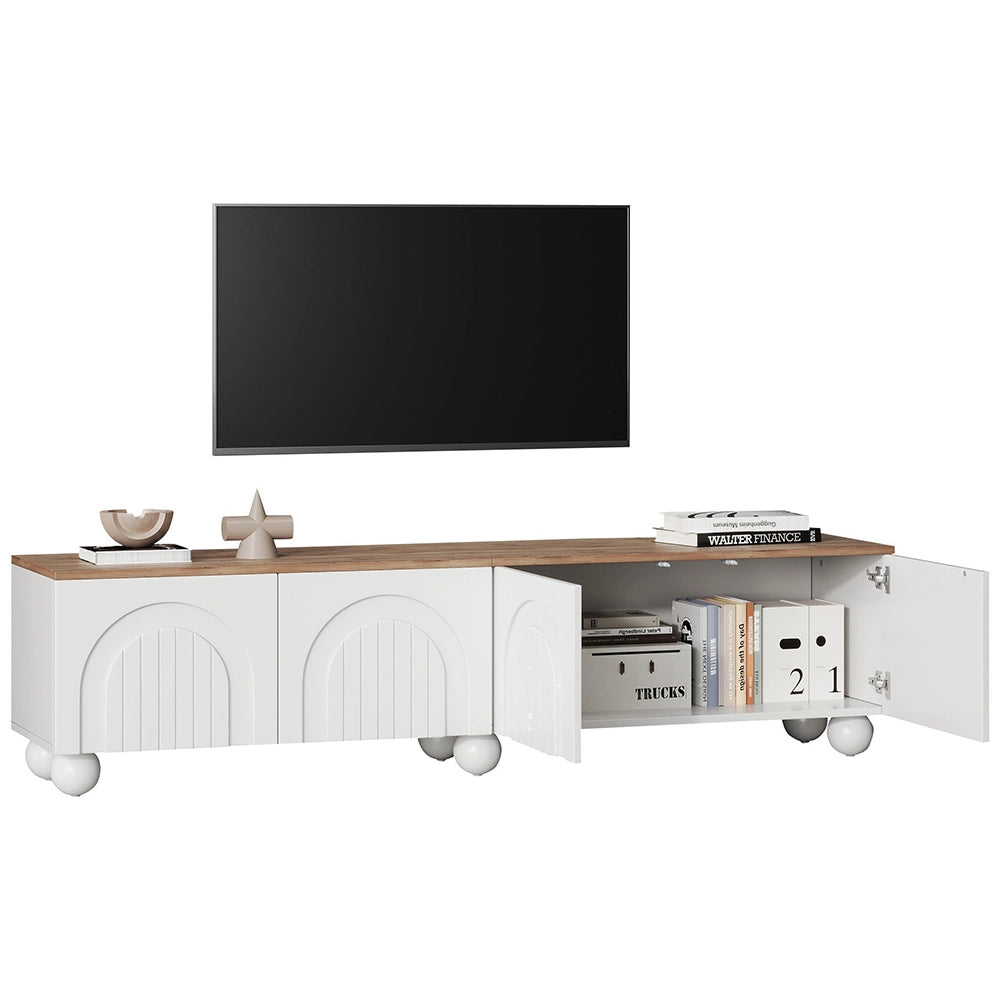 Mobile TV 180x40x45cm - Xylo - 4 Ante, 6 Piedi Sferici, Legno e Bianco, fino a 80"