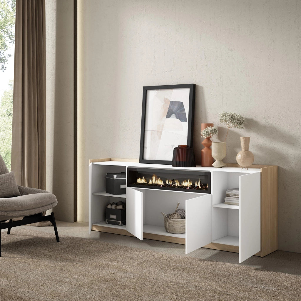 Credenza, Mobile, Cucina, 207x80x37 cm, 4 Porte, Camino elettrico, Bianco e Rovere soft