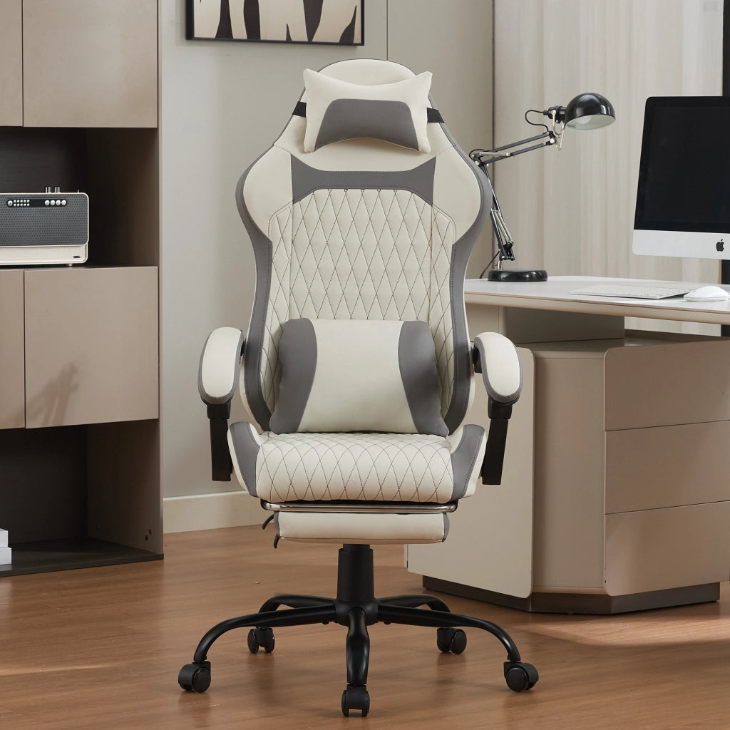 Sedia da gaming con schienale alto reclinabile e poggiapiedi, supporto lombare e braccioli imbottiti in PVC bianco e grigio