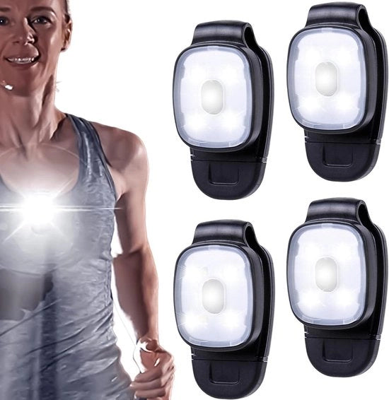 Set di 4 clip lampade LED per esterno - ricarica USB - torcia da testa per escursioni notturne, jogging, campeggio, trekking, arrampicata.