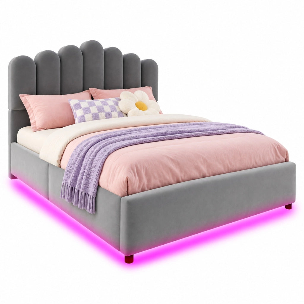 Letto matrimoniale 140x200 cm imbottito con contenitore idraulico; LED; velluto grigio