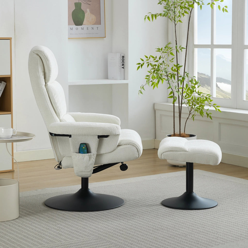 POLTRONA Relax con massaggio a 5 punti, riscaldamento, girevole 360°, 77x75,5x100 cm, bianca
