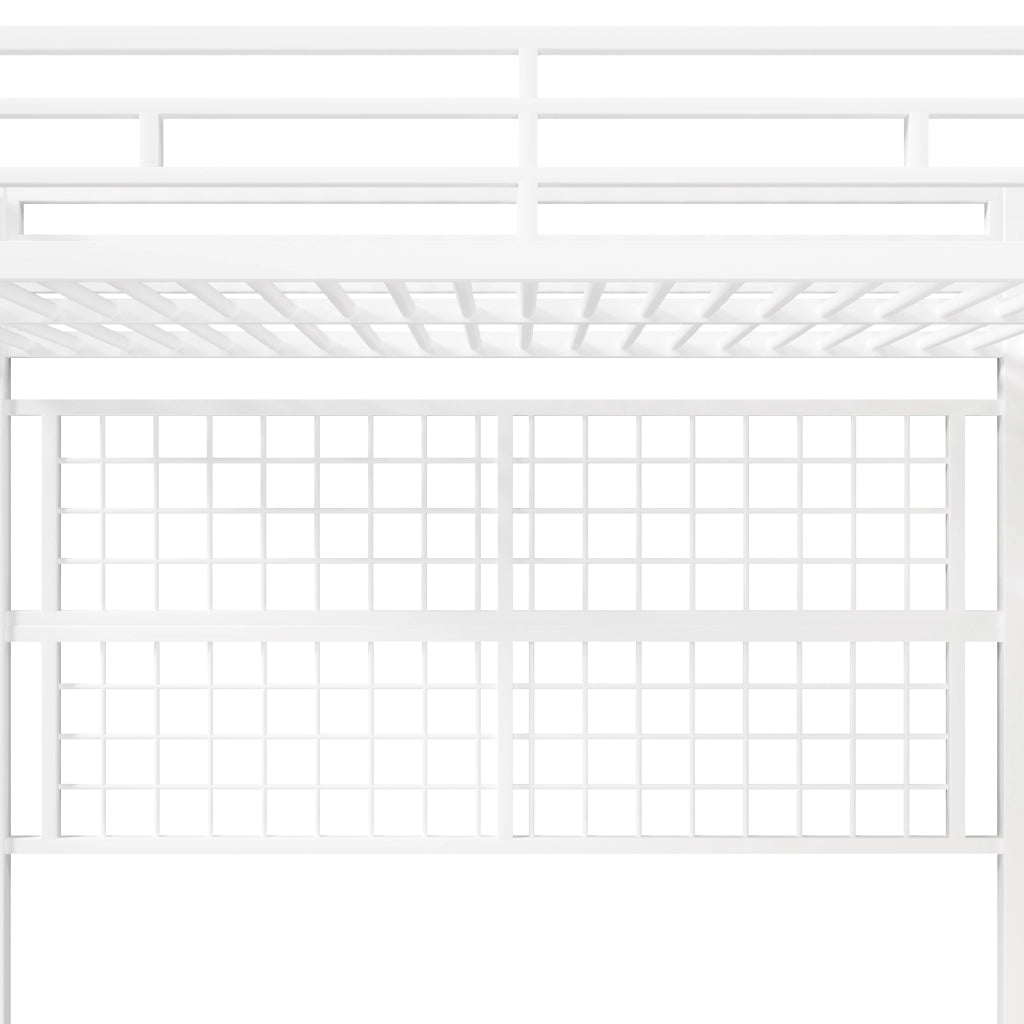 Letto a soppalco in metallo 90x200 cm con guardaroba; scala contenitore; barre appendiabiti; LED 7 colori e spazio aperto; bianco