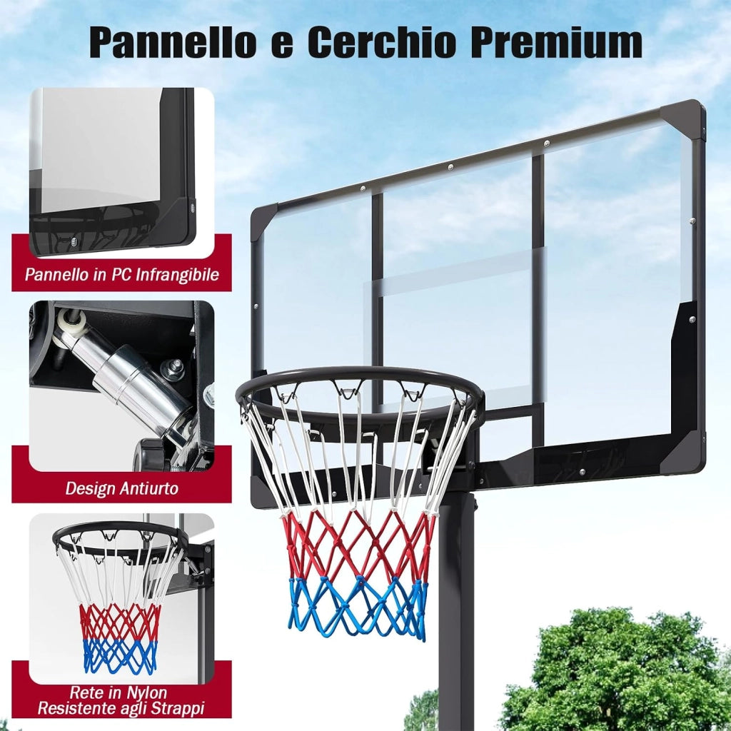 Canestro da Basket da Esterno ed Interno, Canestro da Basket Professionale e Pieghevole con Altezza Regolabile 230-305 cm, Tabellone in PC Infrangibile e Base Mobile con Ruote e Riempibile