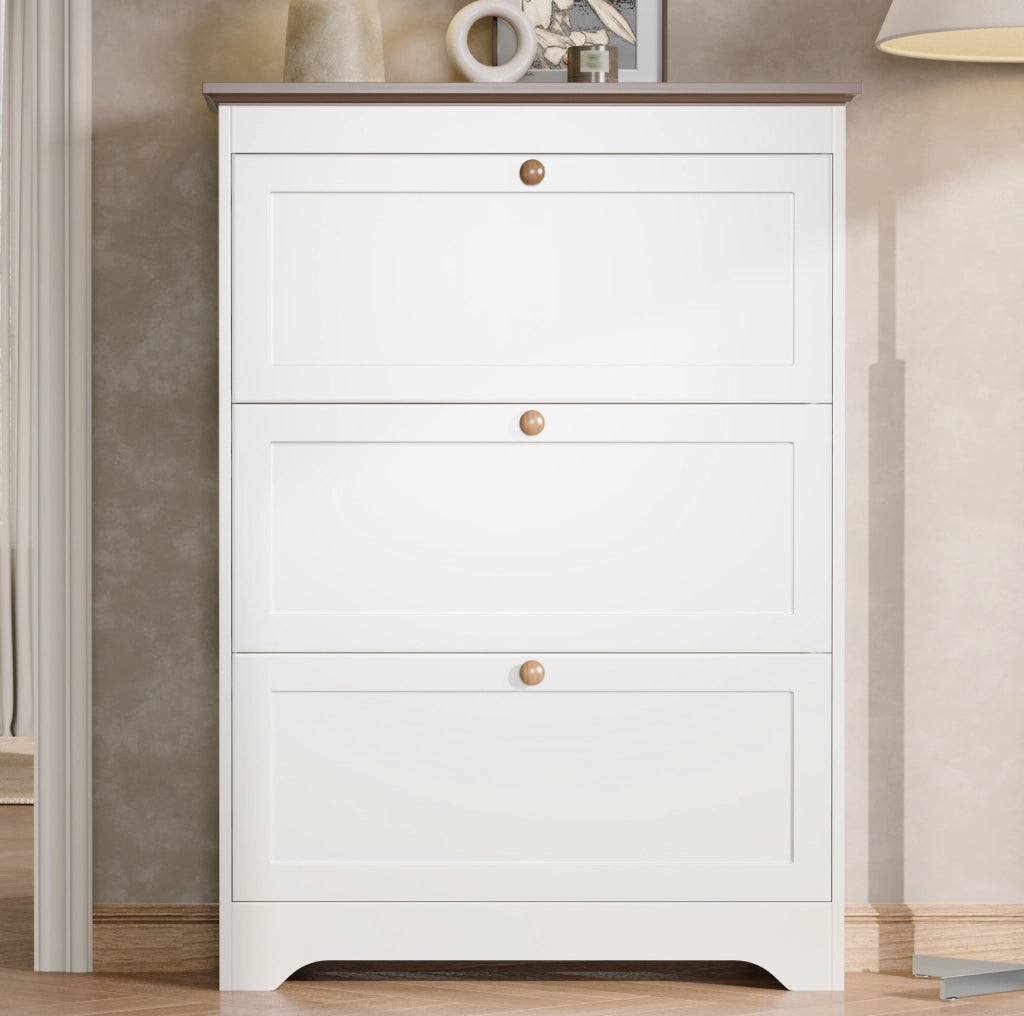 Scarpiera 87x26x120 cm con 3 ribalte e ripiano superiore in MDF bianco