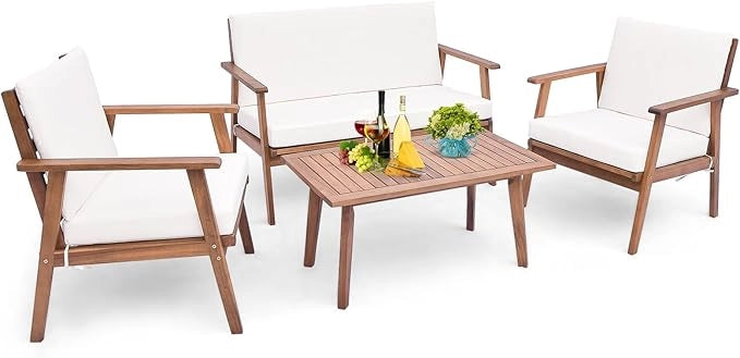 Set di Conversazione da Esterno in 4 Pezzi, Set da Divano in Legno di Acacia con Cuscini Morbidi per Sedile e Schienale, Tavolino da Caffè Rettangolare, per Patio Giardino Piscina (Bianco)