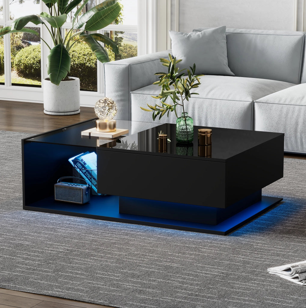 Tavolino da salotto nero lucido 100x50x32 cm con piano in vetro; cassetto e LED