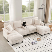Divano modulare a U 4 posti in velluto a coste beige con USB