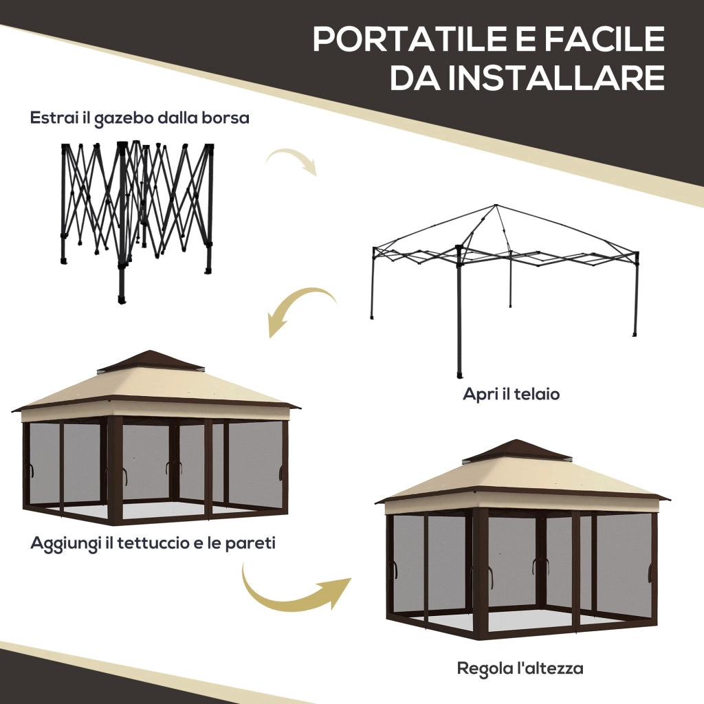 Gazebo Regolabile su 3 Livelli con Pareti Rimovibili 3x3m in Acciaio e tessuto Oxford Caffè e Beige