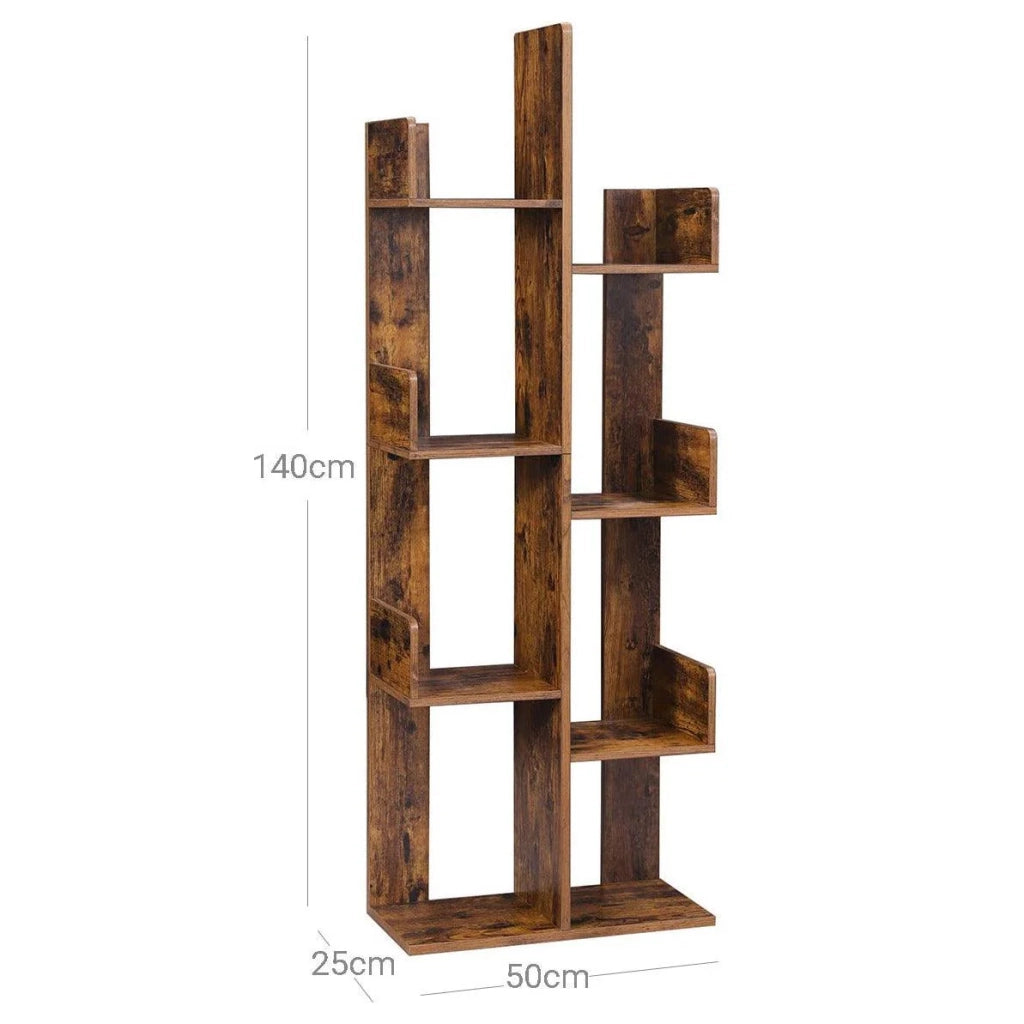 Scaffale ad albero libreria con contenitore a 8 scomparti 50 x 25 x 140 cm con angoli arrotondati e bordi rustici marrone 12_0002769