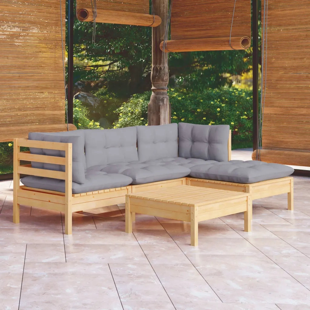 Set Divani da Giardino 5 pz con Cuscini Grigi Massello di Pino cod mxl 71876