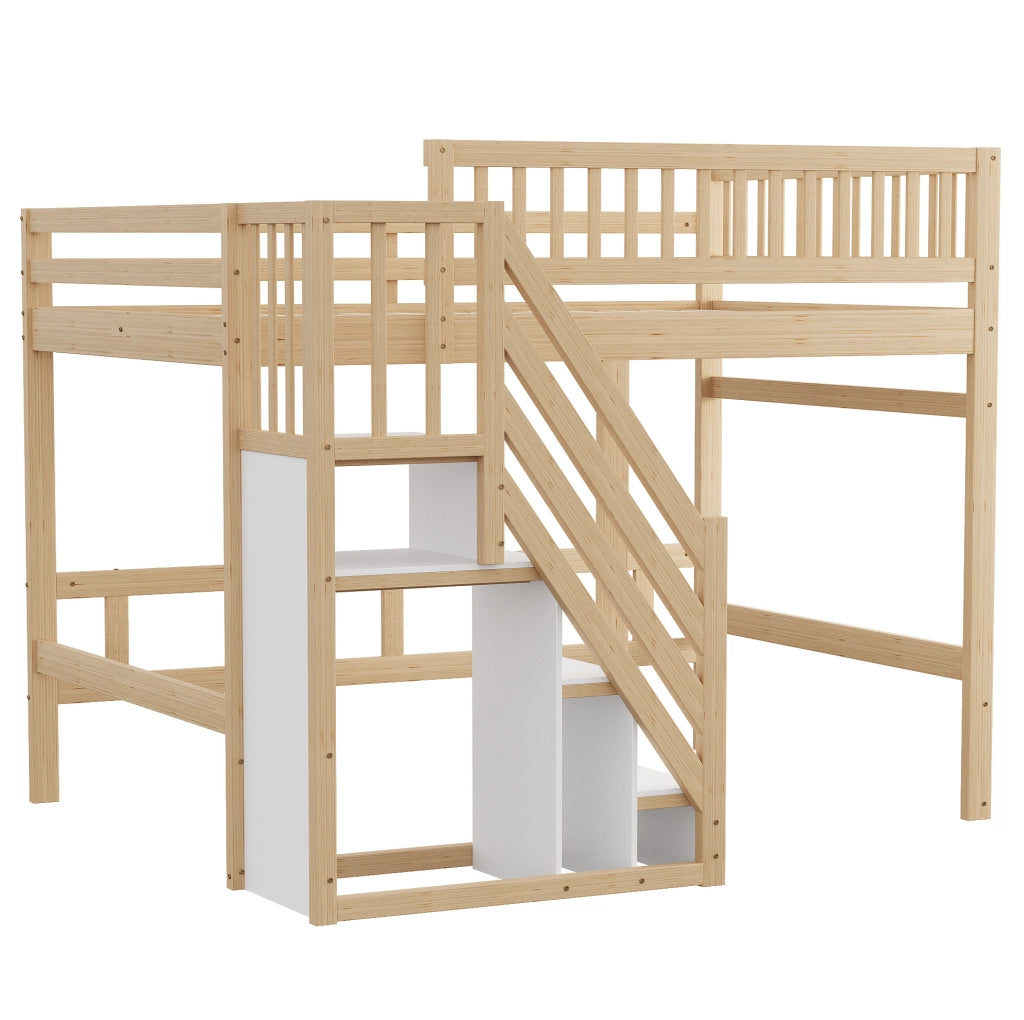 Letto in Legno Massello 140x200 cm con Scala Contenitore e Sponda Alta, Letto Bambini e Ragazzi Colore Legno