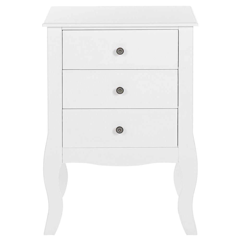 Comodino MDF bianco 3 cassetti portaoggetti Gambe curvy cabriole Manopole in metallo Maniglie design scandinavo