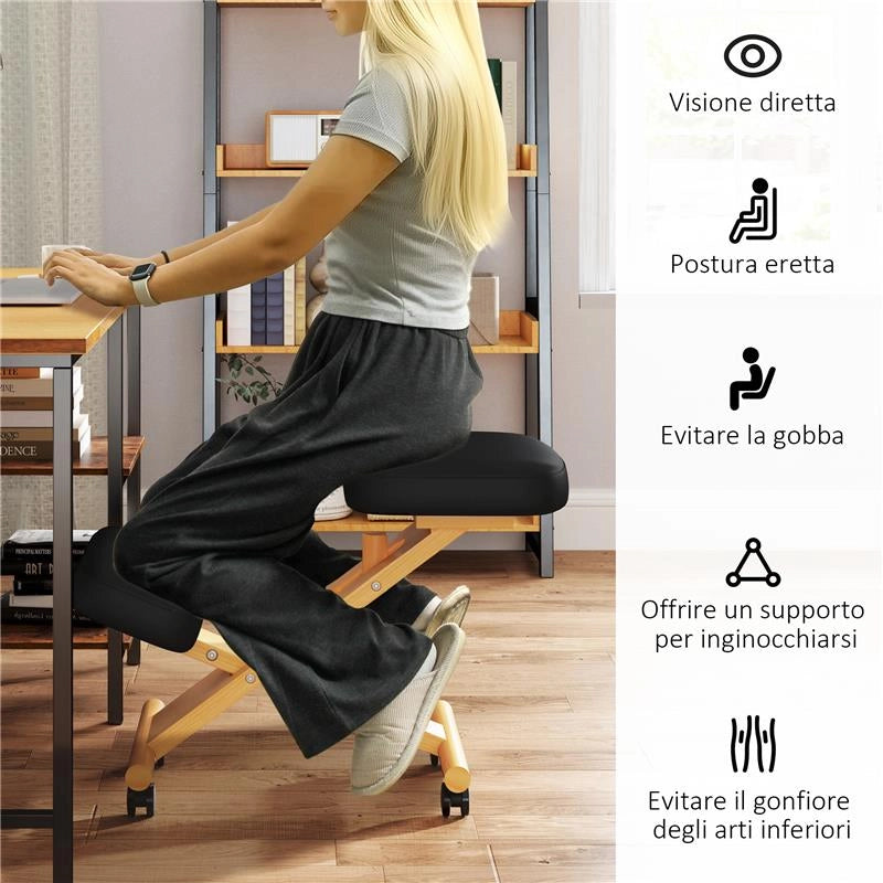 SEDIA ERGONOMICA POSTURALE CON INGINOCCHIATOIO ALTEZZA REGOLABILE E ROTELLE IN LEGNO NERO