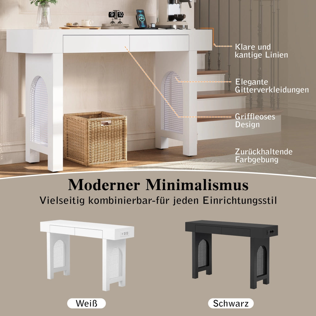 Consolle in MDF con 2 cassetti e presa integrata, design a griglia, per ingresso e soggiorno, bianco, 120 × 35,5 × 76,5 cm
