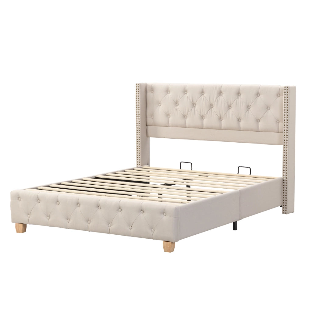 Letto imbottito 160x200 cm con rete a doghe e testiera beige in lino