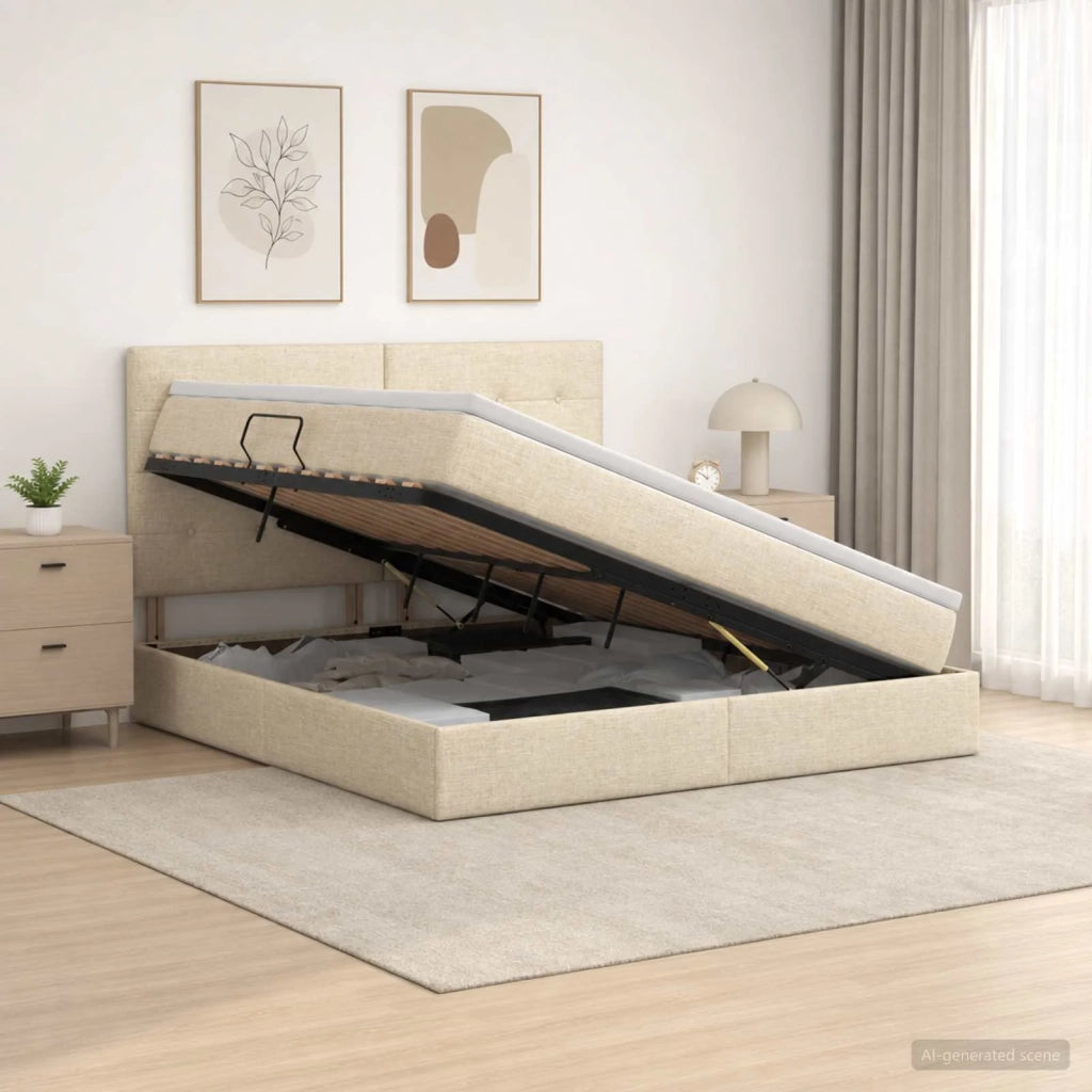 Letto con contenitore e materasso Crema 160 x 200 cm Tessuto 3459517