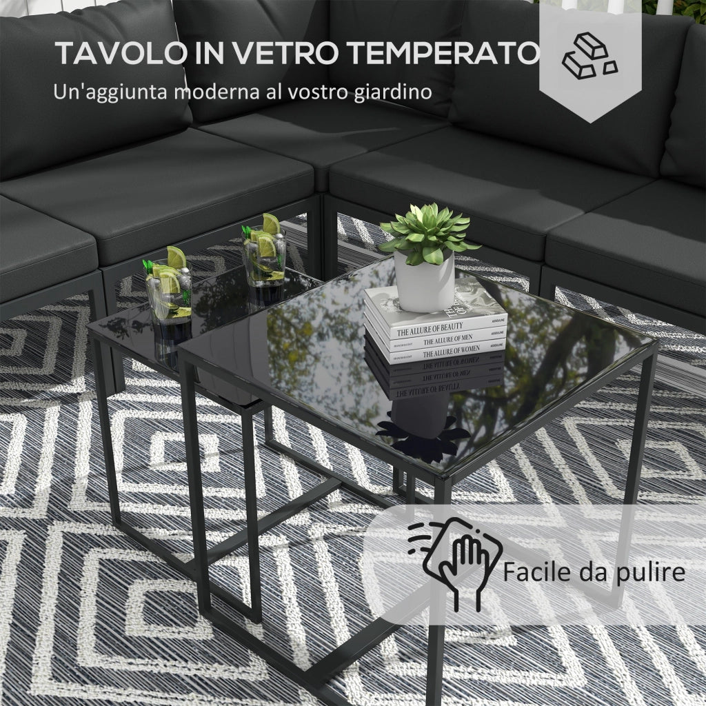 Set Salotto da Giardino Divano Angolare e 2 Tavolini in Acciaio e Poliestere Grigio