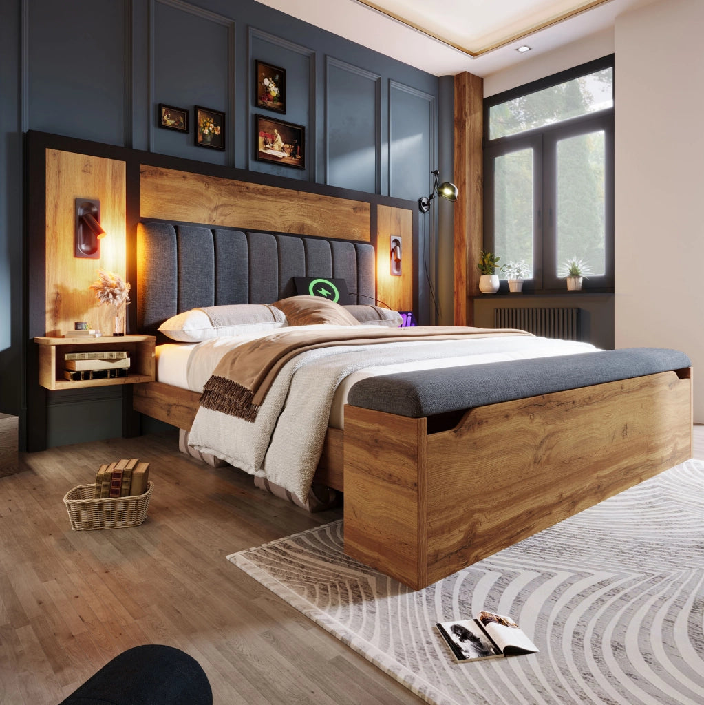 Letto matrimoniale 160x200 cm in rovere con luci USB-C