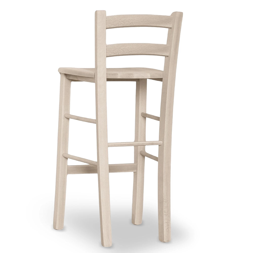 Sgabello legno grezzo con schienale e seduta legno massello h 67cm