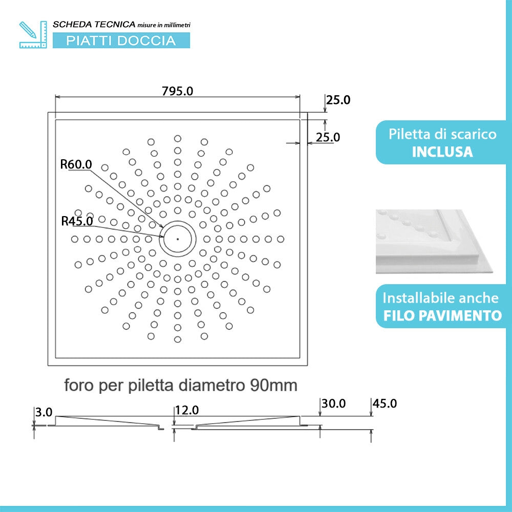 Piatto doccia per disabili 80x80 a filo pavimento in vetroresina con piletta inclusa