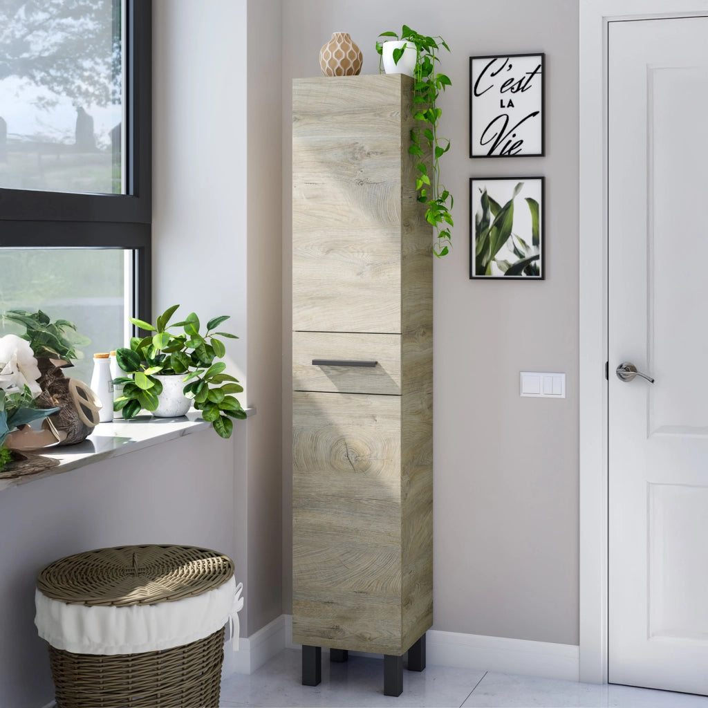 Alka, Mobile Colonna un Cassetto, 35x31x182h cm Marrone Rovere Grigio