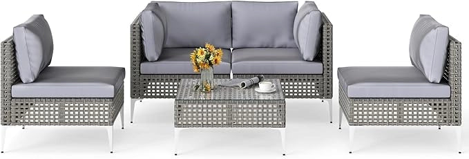 Set di Mobili da Giardino, Giardino Arredo Esterno con Tavolino in in Vetro Temperato, 6 Divani e Cuscini, Set da Conversazione in Rattan PE per Bordo Piscina e Cortile (Modello 2,7 pezzi)