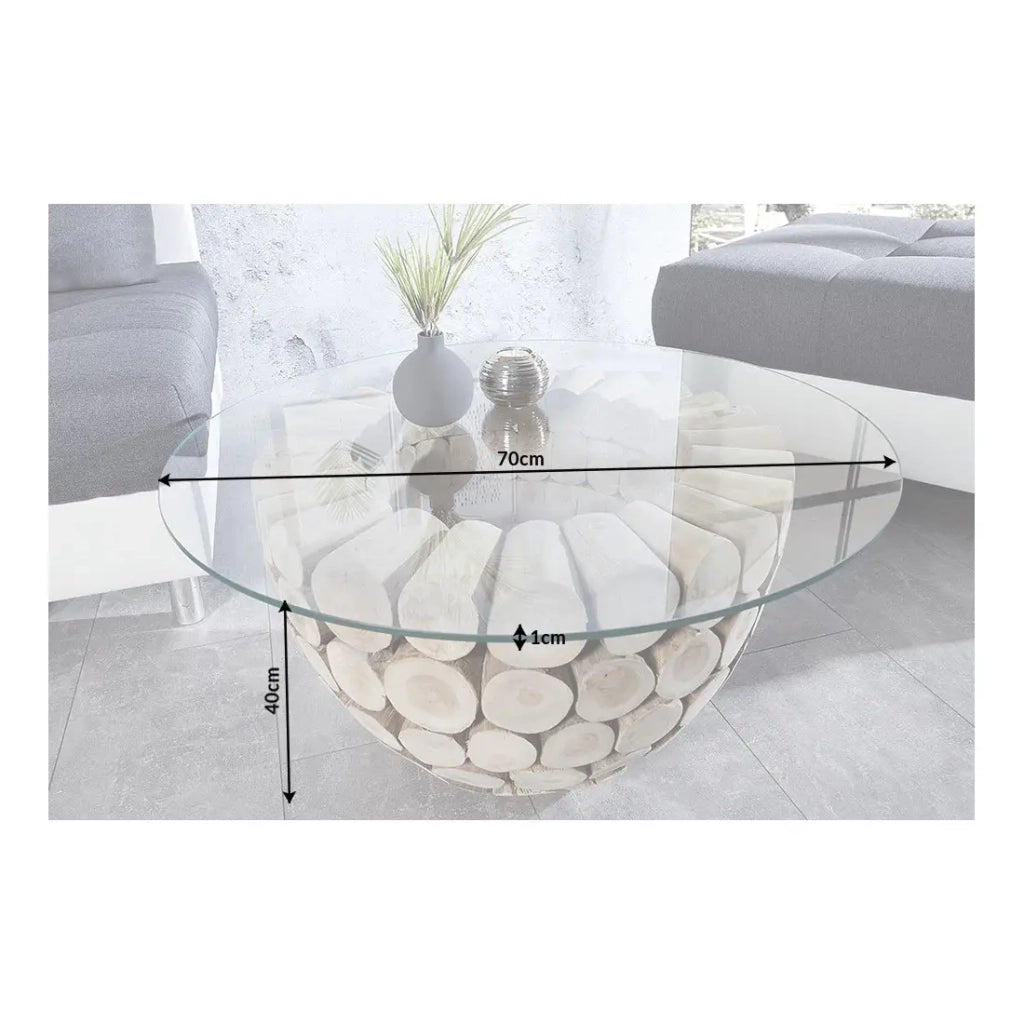 Tavolino basso ARBOREA rotondo 70 cm in legno massiccio e vetro temperato - piede centrale design in tronchetti