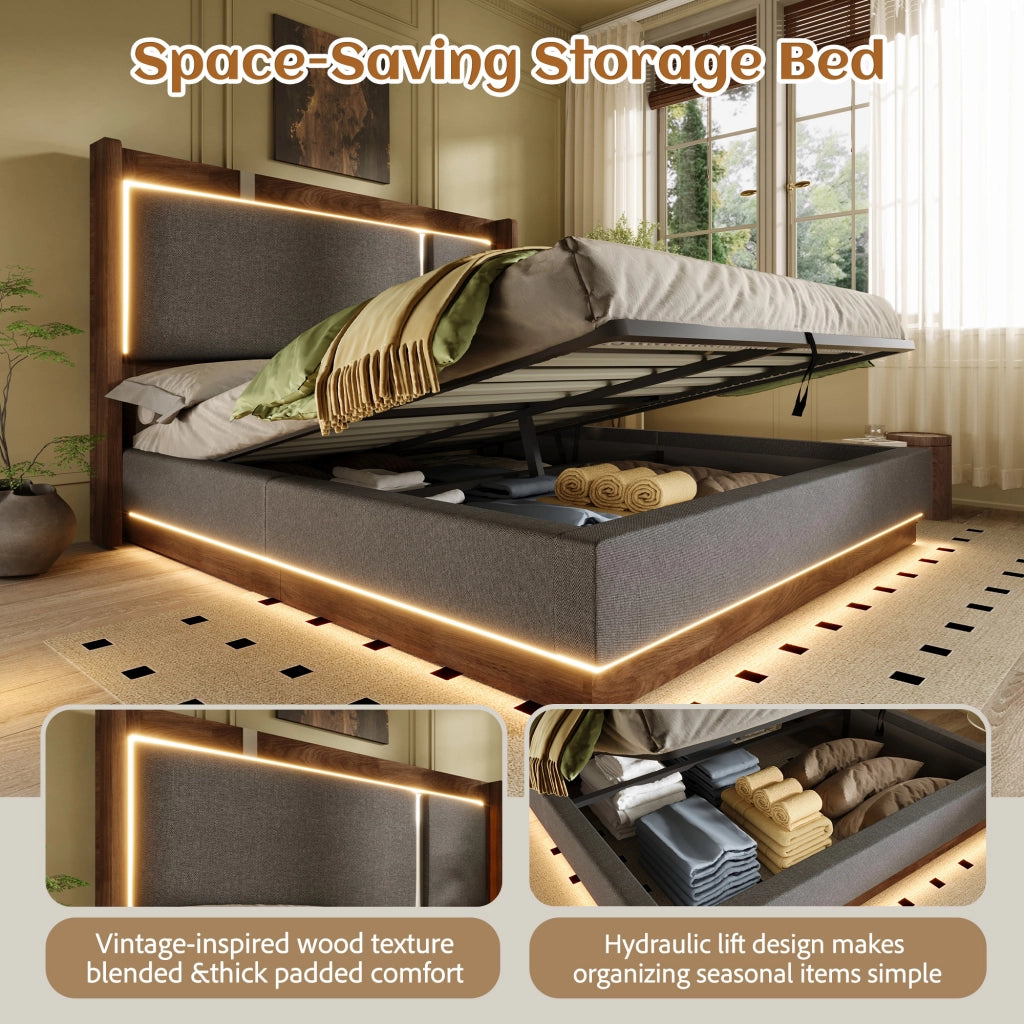 DESMIU Letto contenitore 160 × 200 cm 2 posti con LED e vano idraulico, senza materasso, in lino, grigio e noce