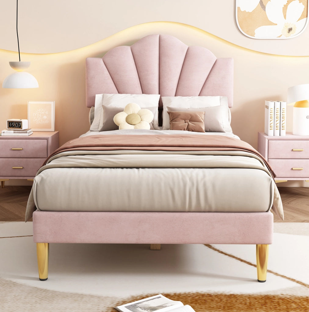 Letto imbottito rosa 90x200 cm in velluto con testiera regolabile