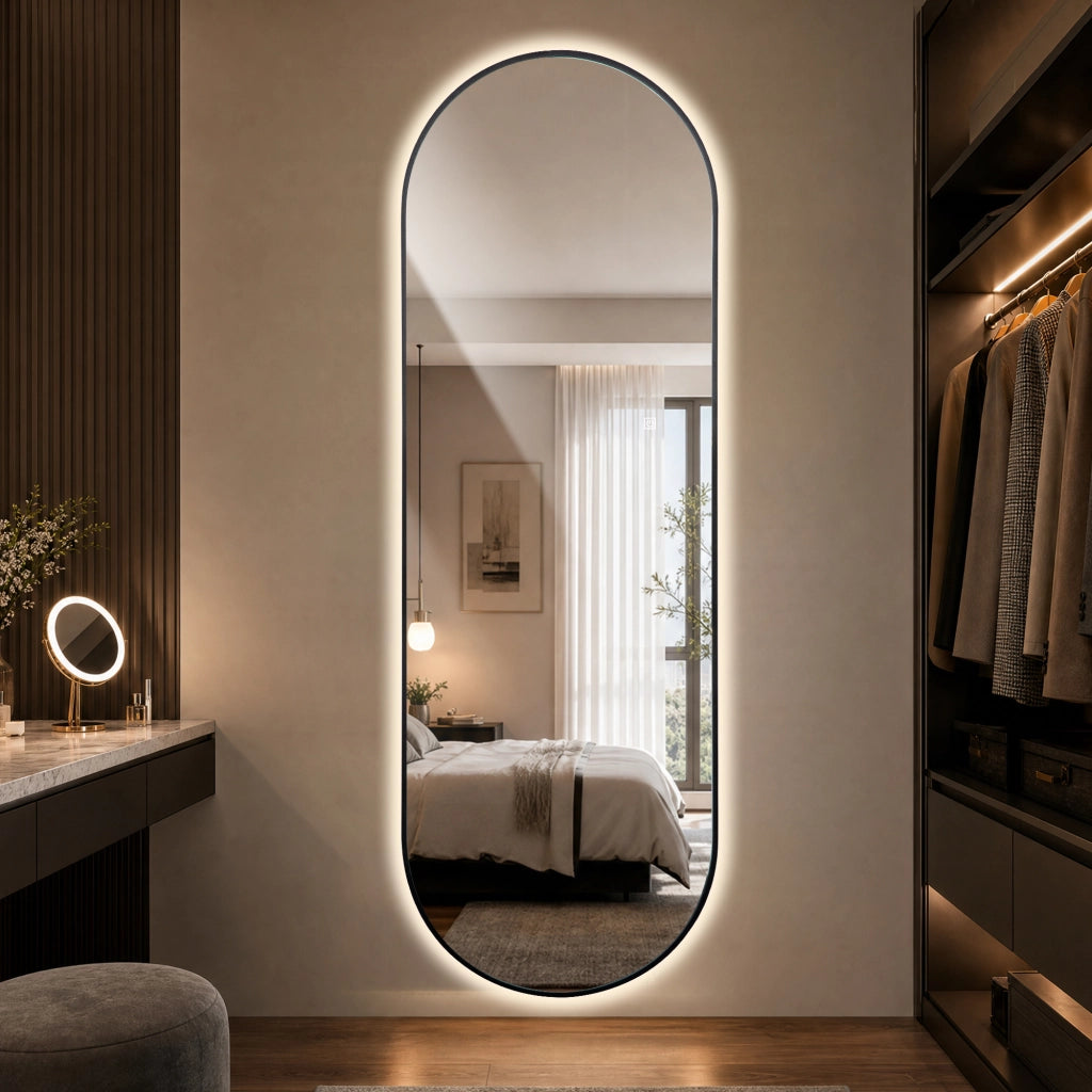 Specchio a figura intera a LED con cornice in alluminio nero; specchio da parete a capsula dimmerabile per camera da letto e bagno