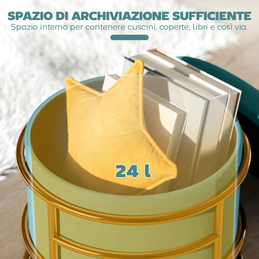 Pouf Contenitore Rotondo in Velluto con Vano da 24L e Coperchio Rimovibile, ?42x39 cm, Verde