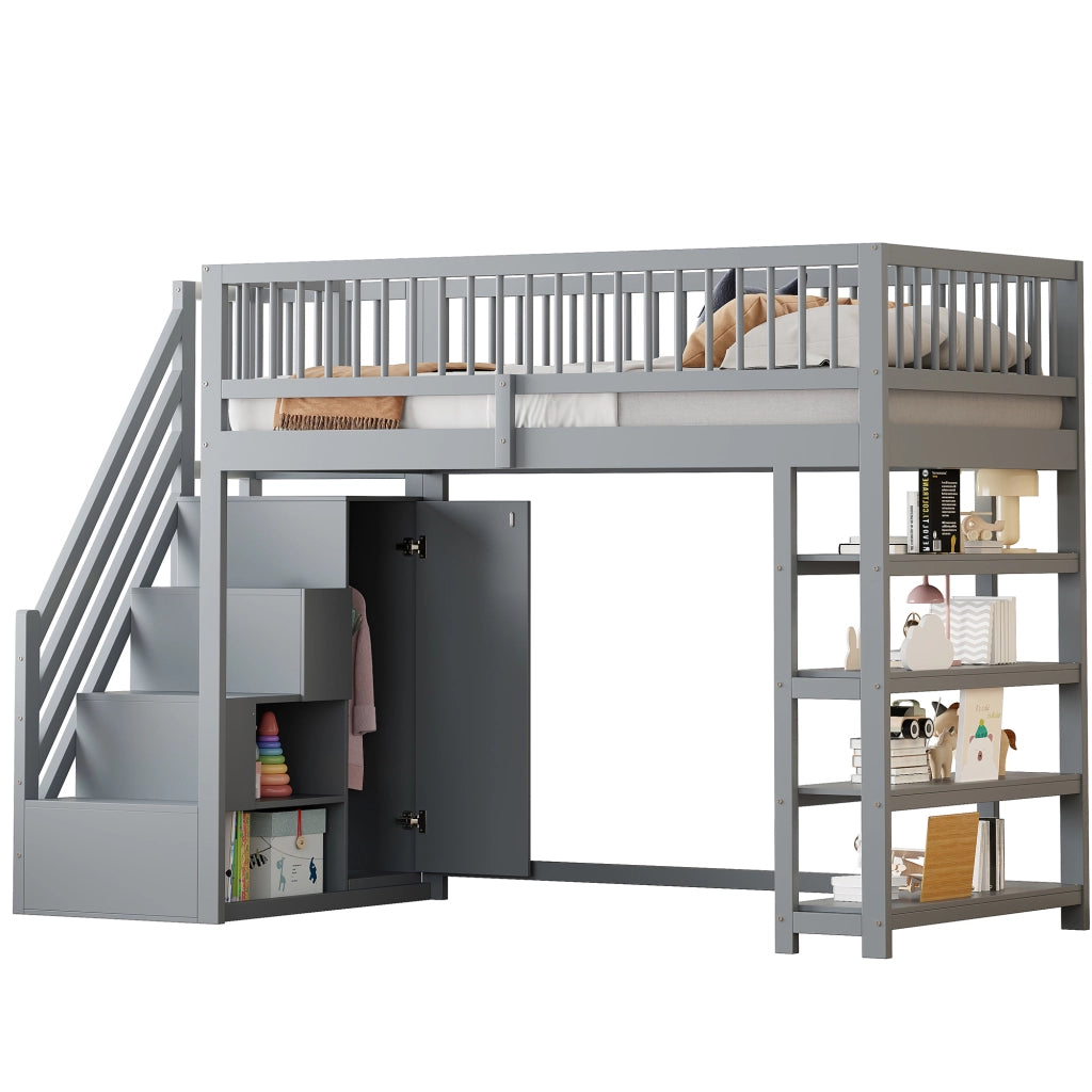 Letto a Soppalco 90 x 200 cm; Singolo con Armadio; Scaffali e Vani Contenitore; senza Materasso; Grigio