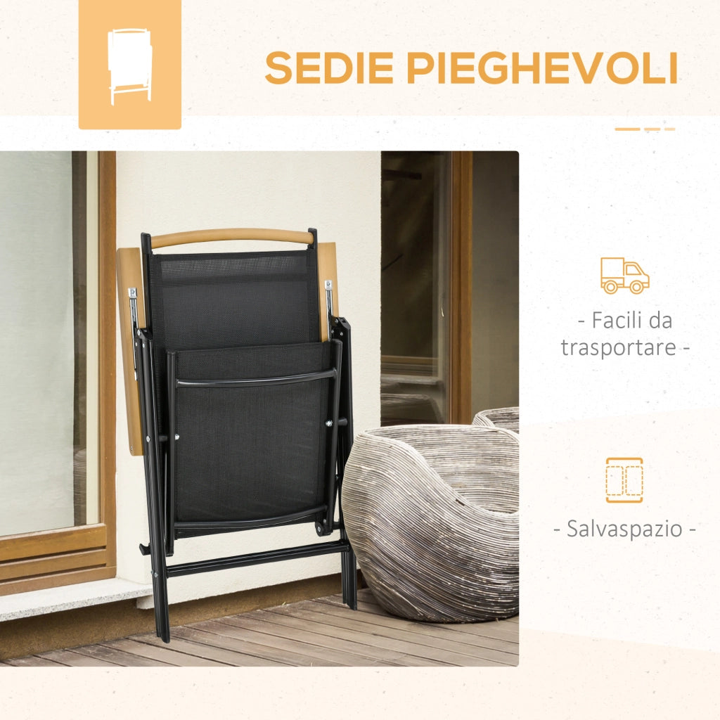 Easycomfort Set 7Pz Tavolo con Sedie da Giardino Pieghevoli e Regolabili in Texteline, Nero