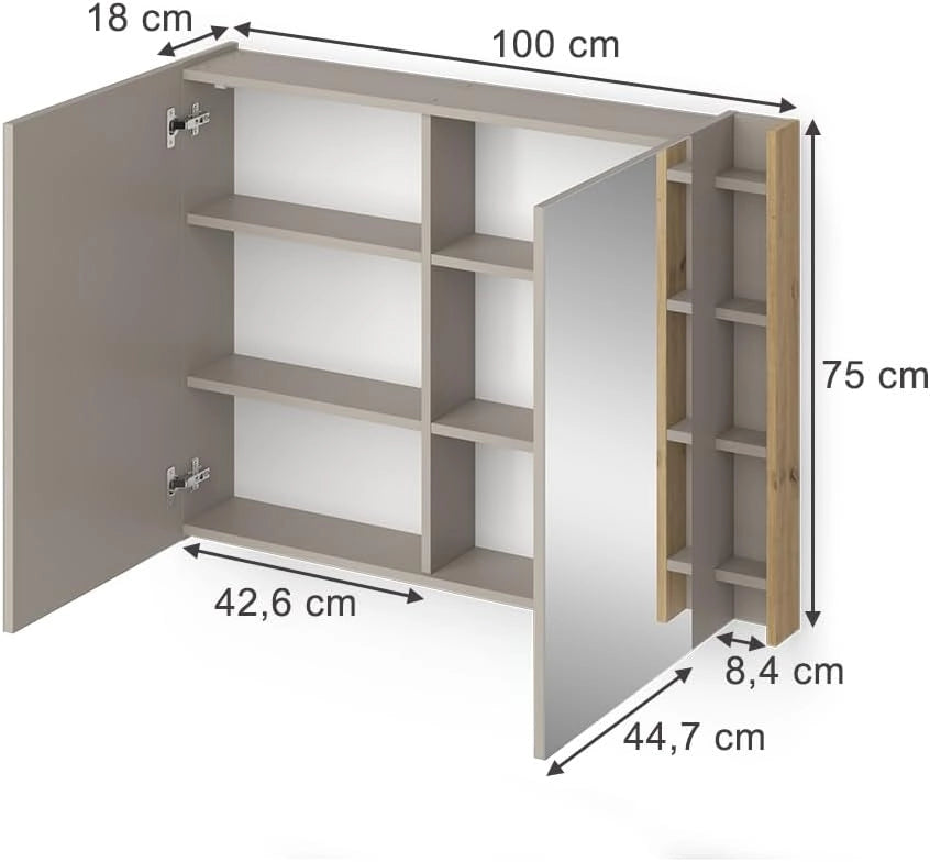 Specchio contenitore bagno Edelin, Cachemire, 100 x 75 cm con ripiani, per montaggio a parete con superficie a specchio integrata