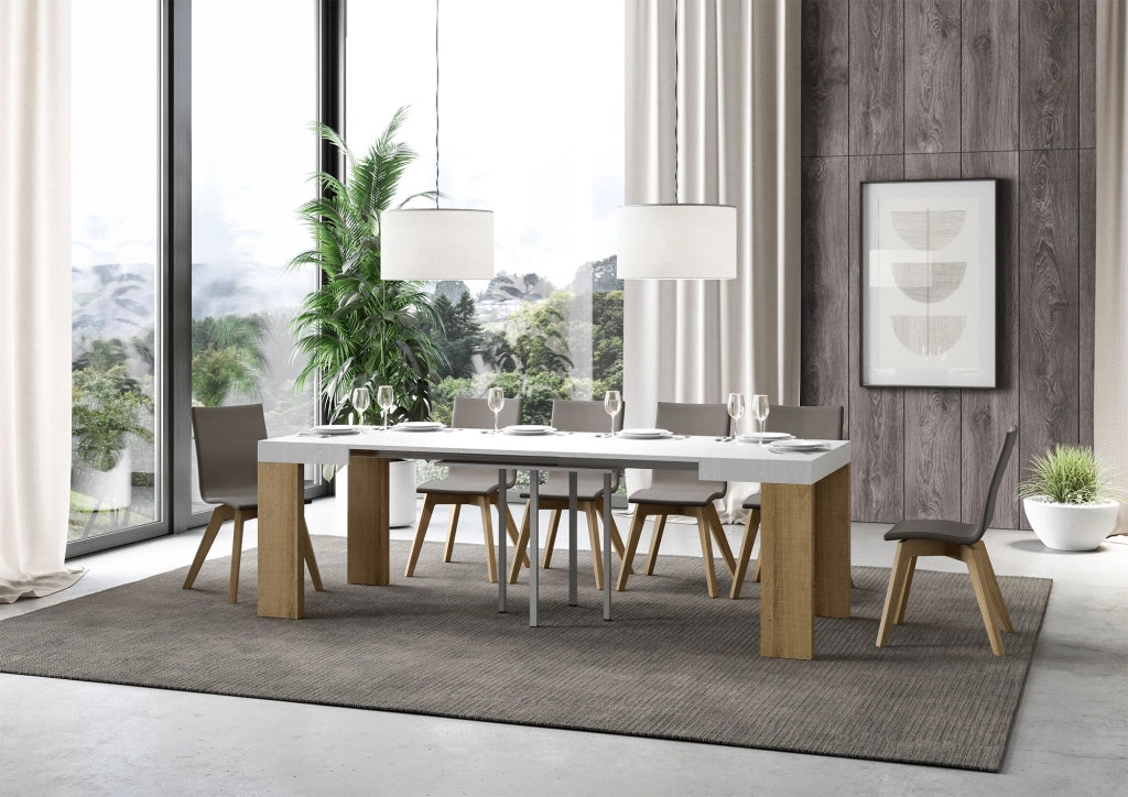 Tavolo Allungabile 90/246x90x77 cm Roxell Mix piano Bianco Frassino gambe Quercia