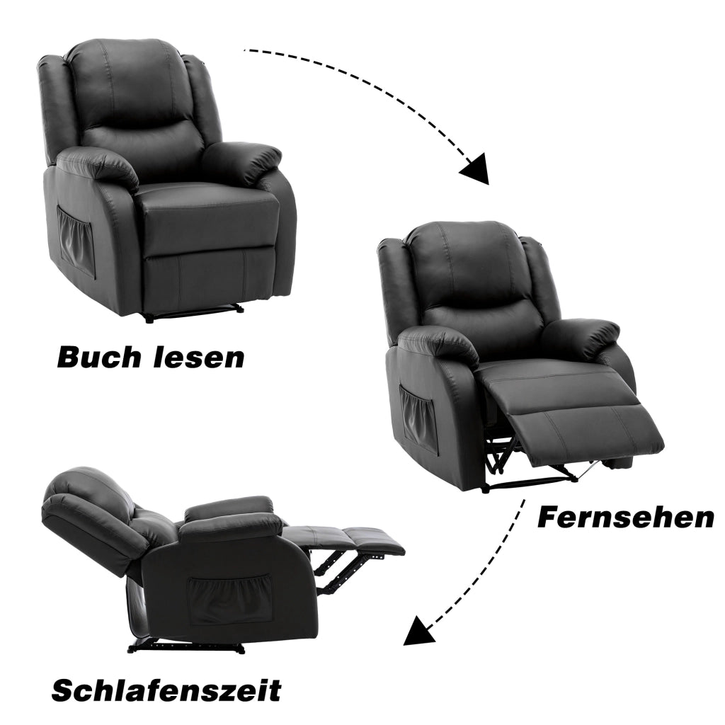 Poltrona relax reclinabile manuale in pelle pu con tasca laterale e poggiapiedi nero 80 × 90 × 100 cm