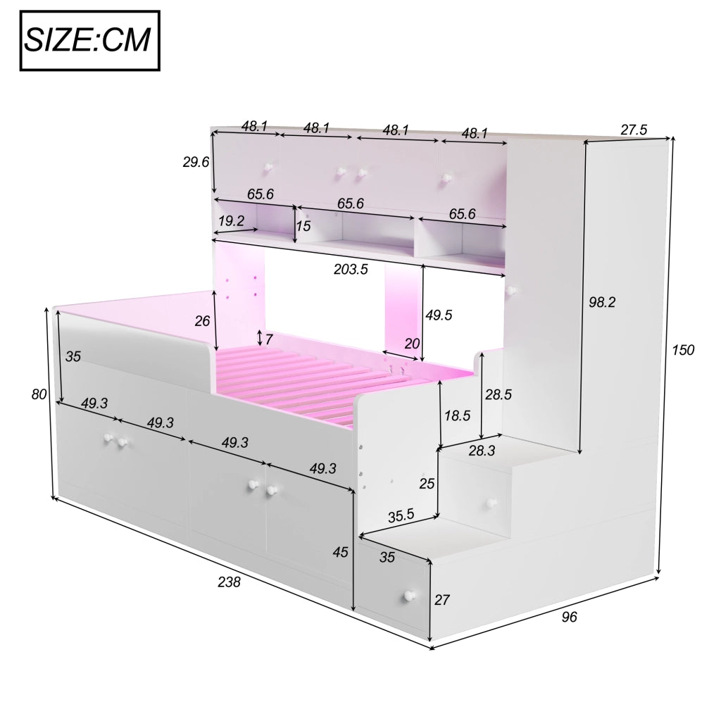 Letto a soppalco 90 × 200 cm con scala contenitore armadio LED e barriera in legno bianco