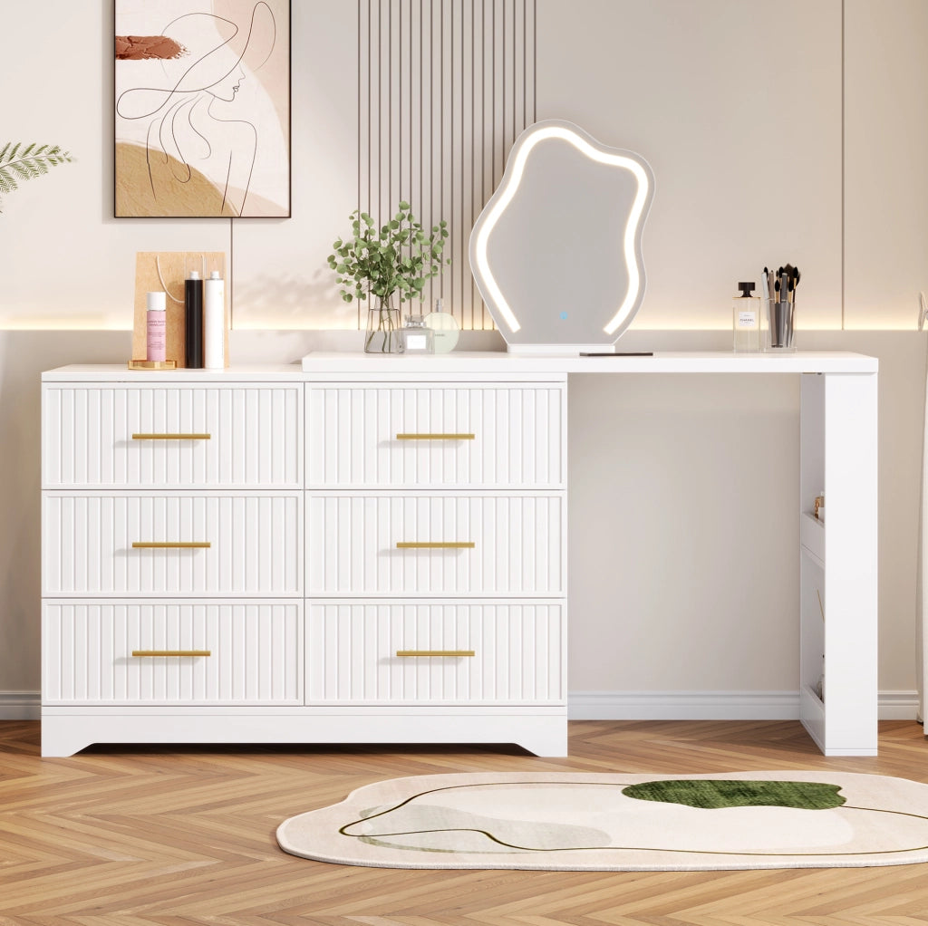 Toeletta girevole con specchio LED, 6 cassetti, bianco e oro, 110×40×129 cm