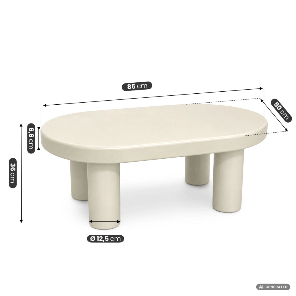 Tavolino da salotto ovale MATE 85 cm crema con quattro gambe cilindriche
