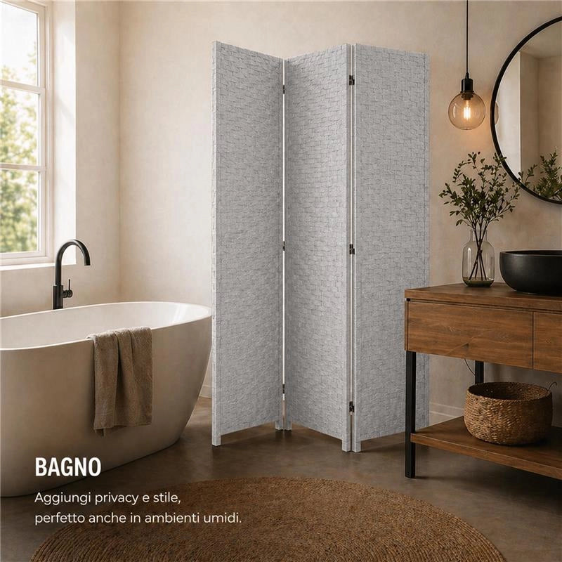 SEPARE' CON TRE PANNELLI IN PLASTICA GRIGIO CON STRUTTURA IN LEGNO MISURE: 180X135CM