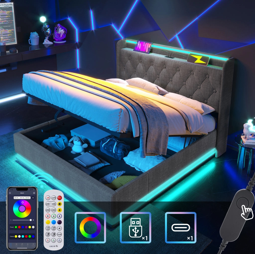 Letto imbottito 180x200 cm con contenitore idraulico; LED; USB e Type-C; lino grigio