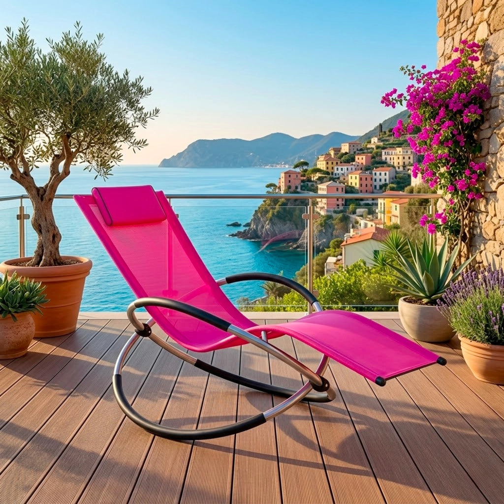 Poltrona A Dondolo Basculante Da Giardino Con Seduta Ergonomica Poggiatesta Removibile Telaio In Metallo Per Relax Outdoor 73 x 150 x 93 Cm Fuxia
