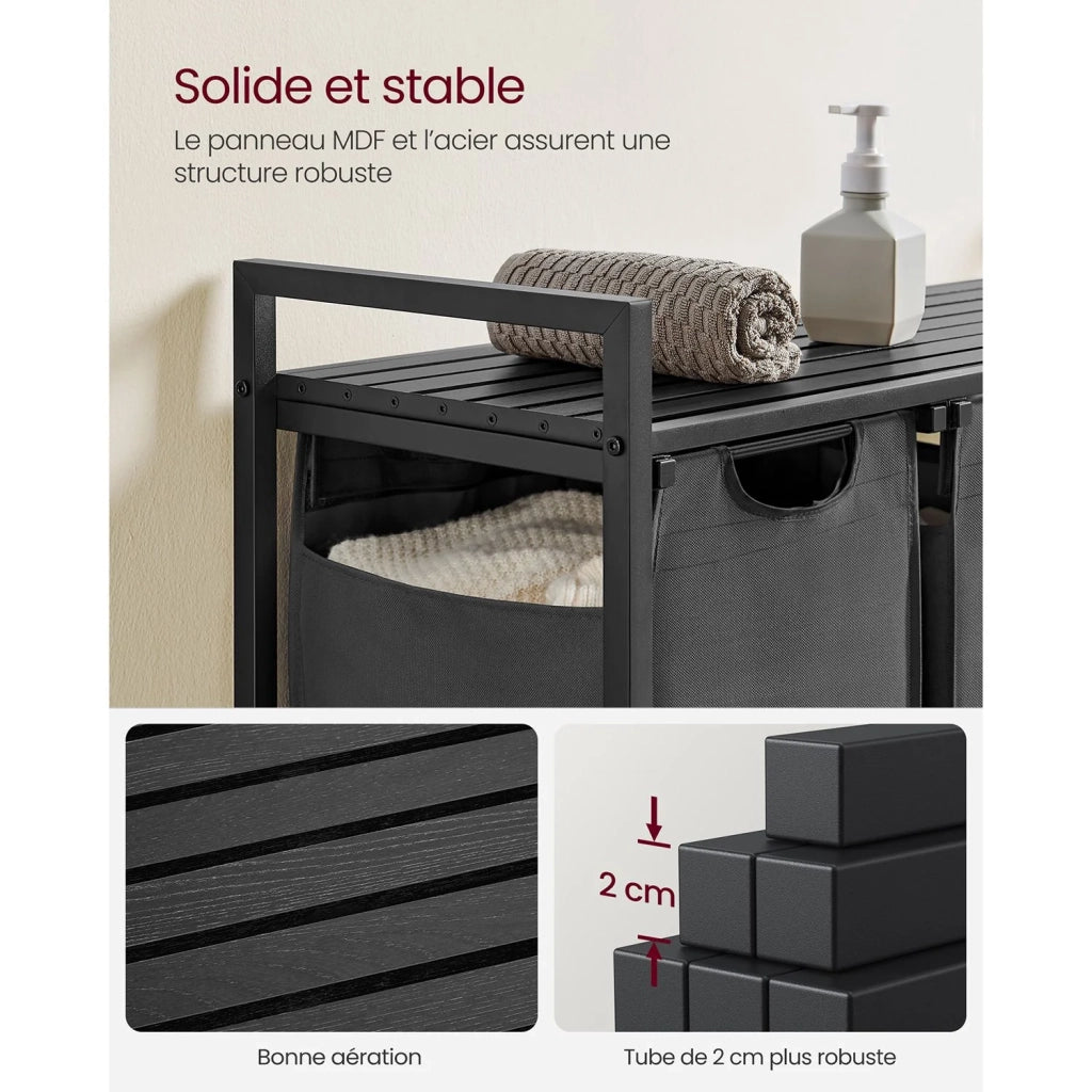 Cesto portabiancheria con 3 scomparti e 1 ripiano rimovibile per sacchetti capacità 38 l per sacchetto per bagno/lavanderia grigio 12_0006757
