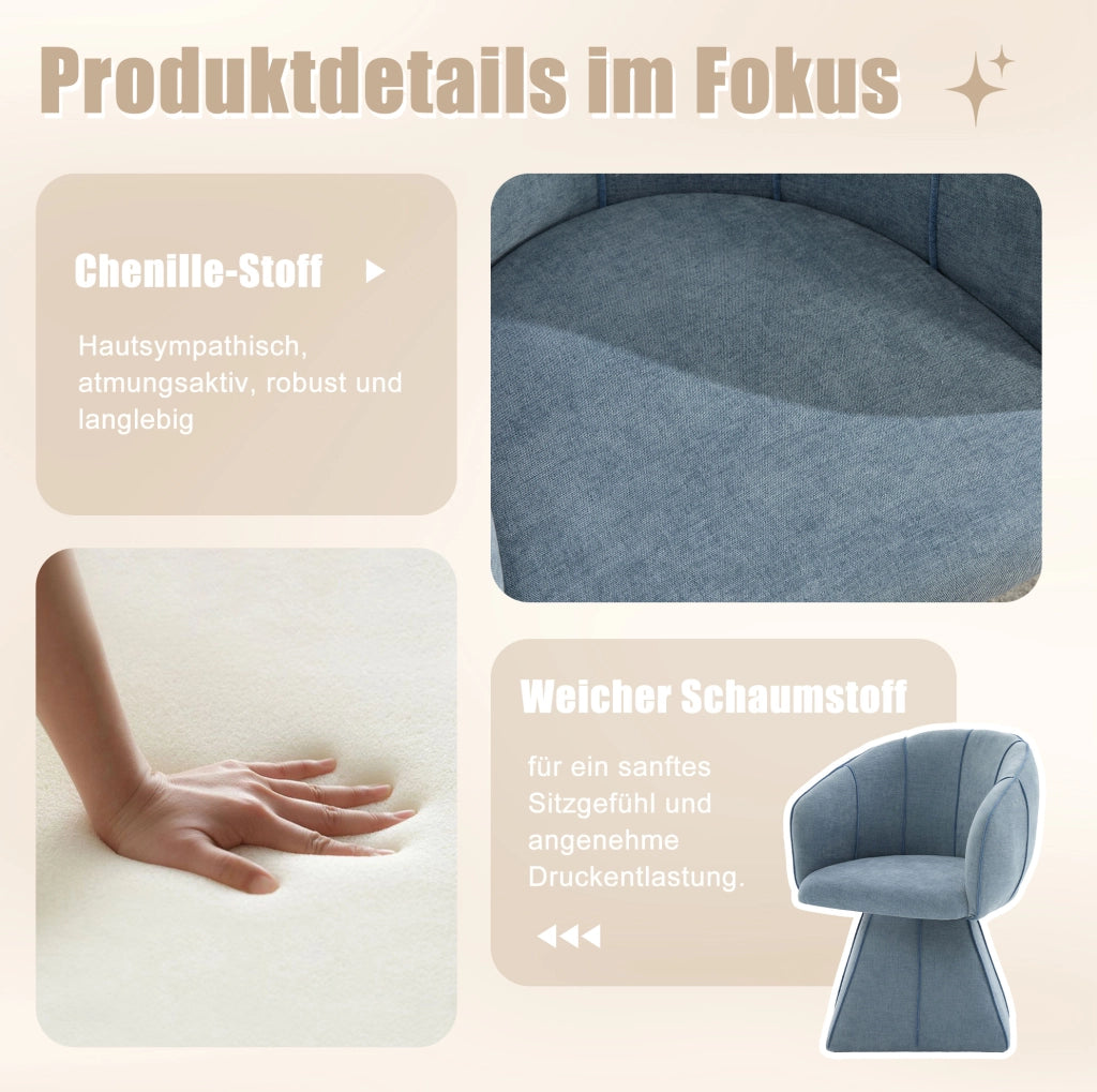 Poltrona girevole in ciniglia blu 56x54x74;5 cm con schienale alto e braccioli larghi