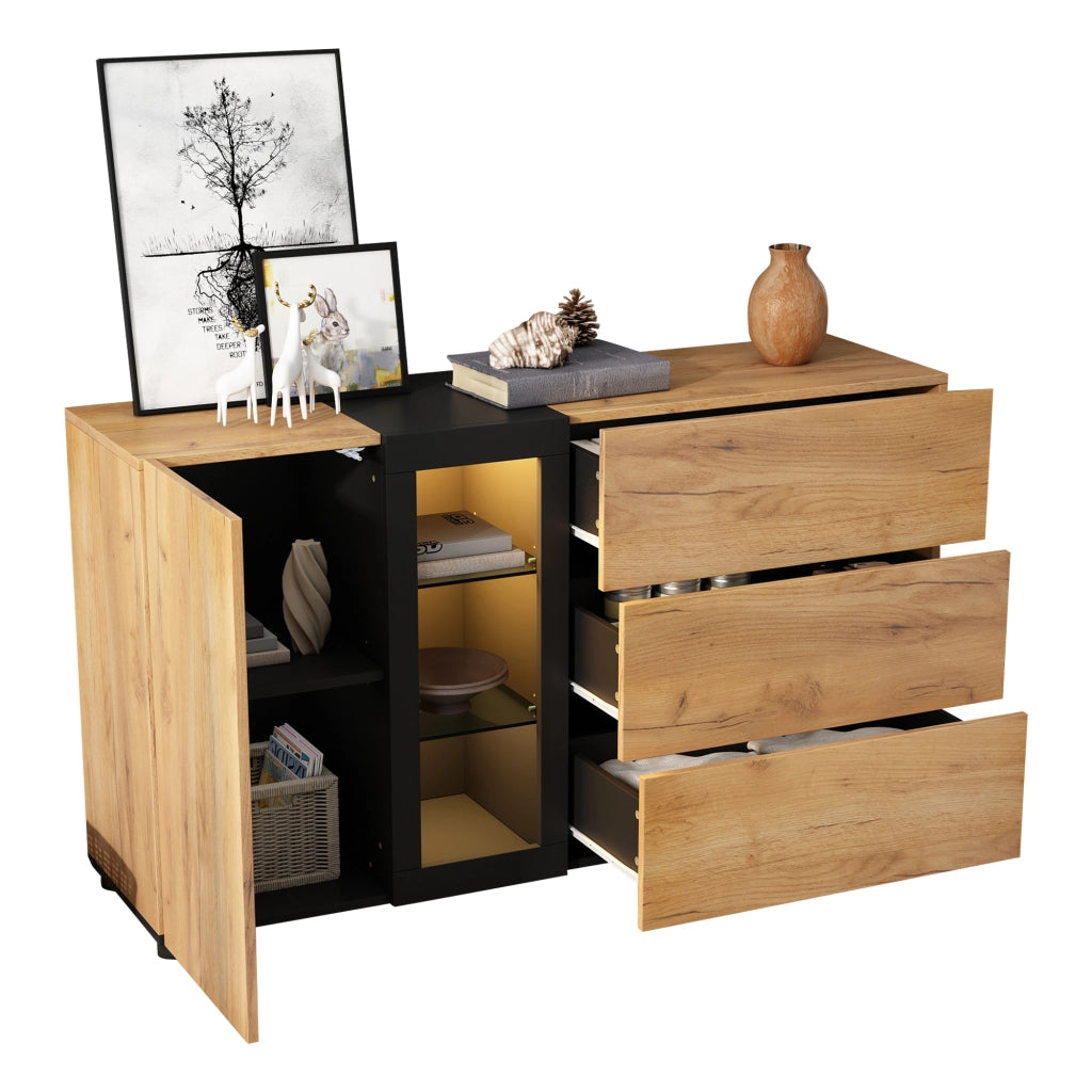 Credenza con 3 cassetti; 1 anta e LED APP - per soggiorno - 140×40×80 cm