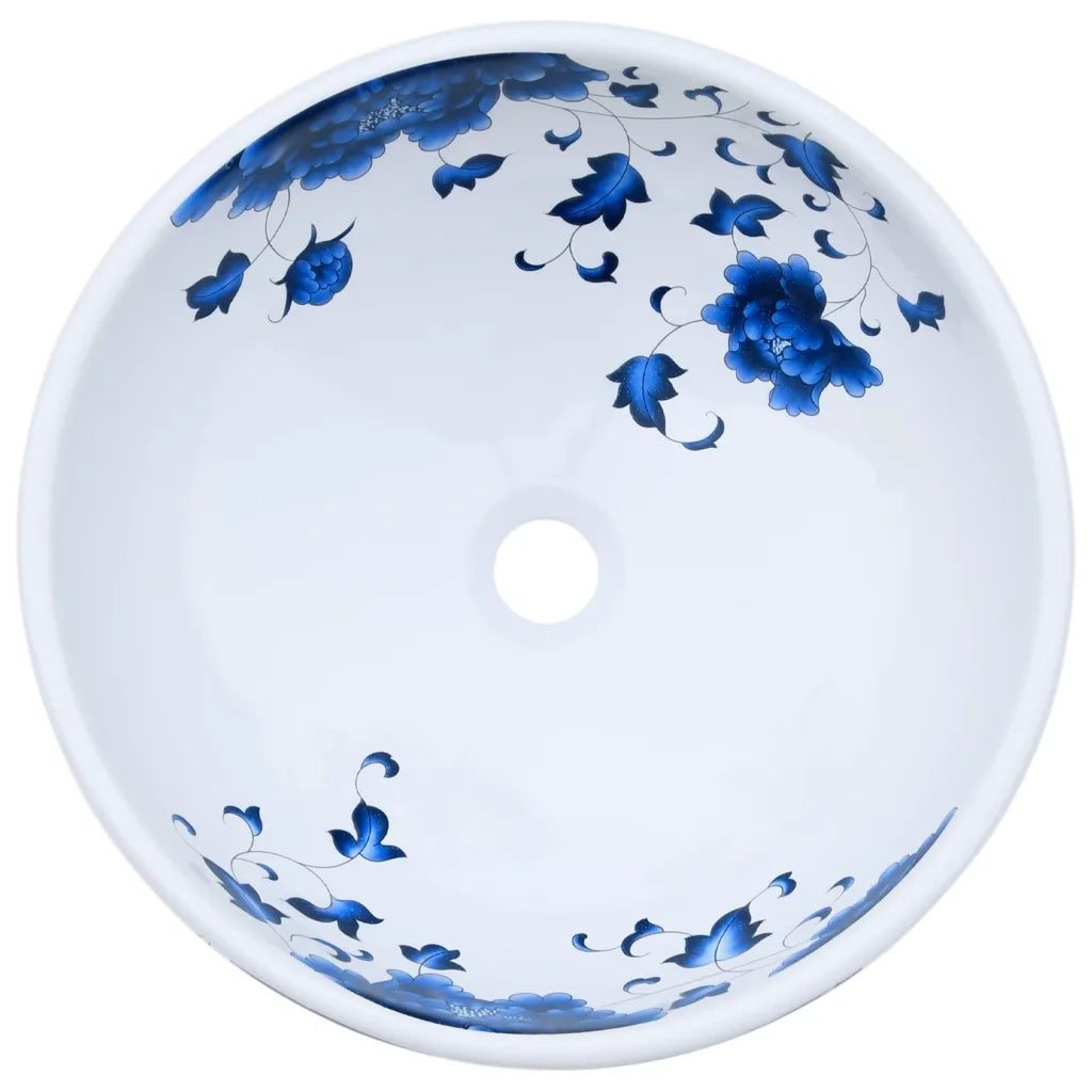 Lavabo da Appoggio Bianco e Blu Rotondo ?41x14 cm Ceramica