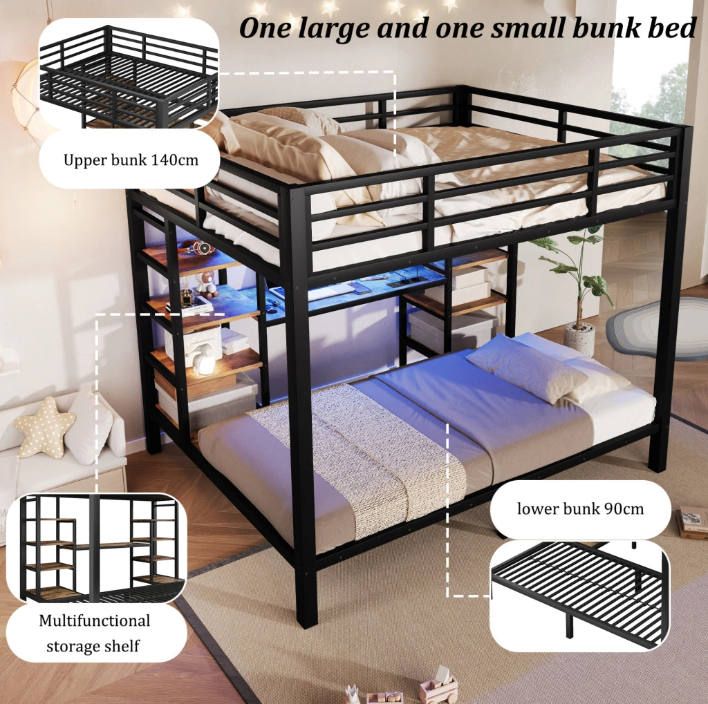 Letto a castello in metallo e MDF nero con prese USB; Type-C e luci LED; 90 x 200 cm e 140 x 200 cm