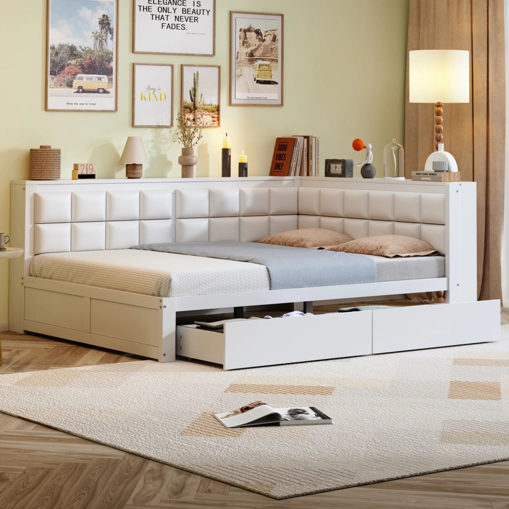 Letto salvaspazio una piazza e mezza 140×200 cm con 2 cassetti; testiera morbida e rete; senza materasso; legno bianco