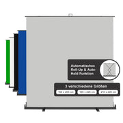 Fondale fotografico roll-up grigio 210x220, sfondo portatile con scatola di trasporto per fotoshooting, sistema autoportante, telo ingualcibile per studio fotografico